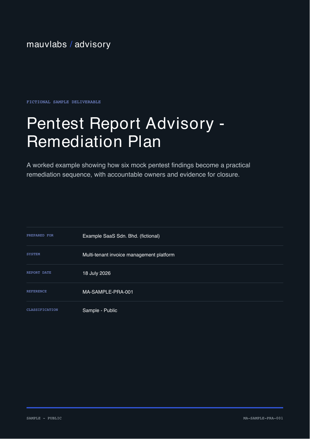 Cover of the fictional Mauvlabs pentest remediation report